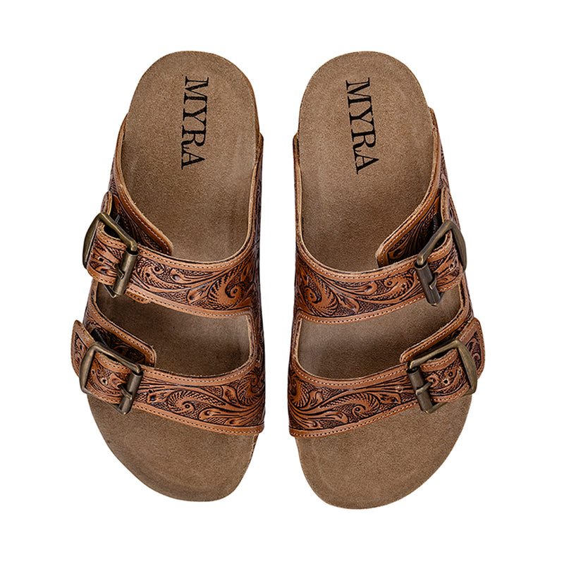 Brown Hand-Tooled Sandals with open-toe design and adjustable straps