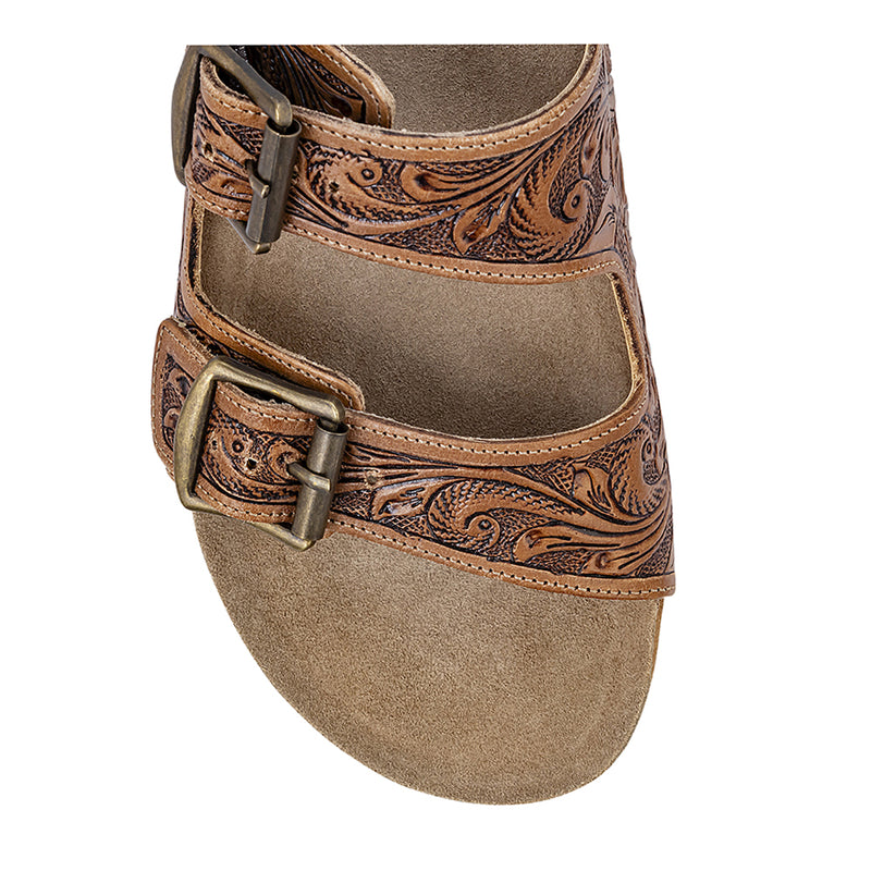 Brown Hand-Tooled Sandals with open-toe design and adjustable straps