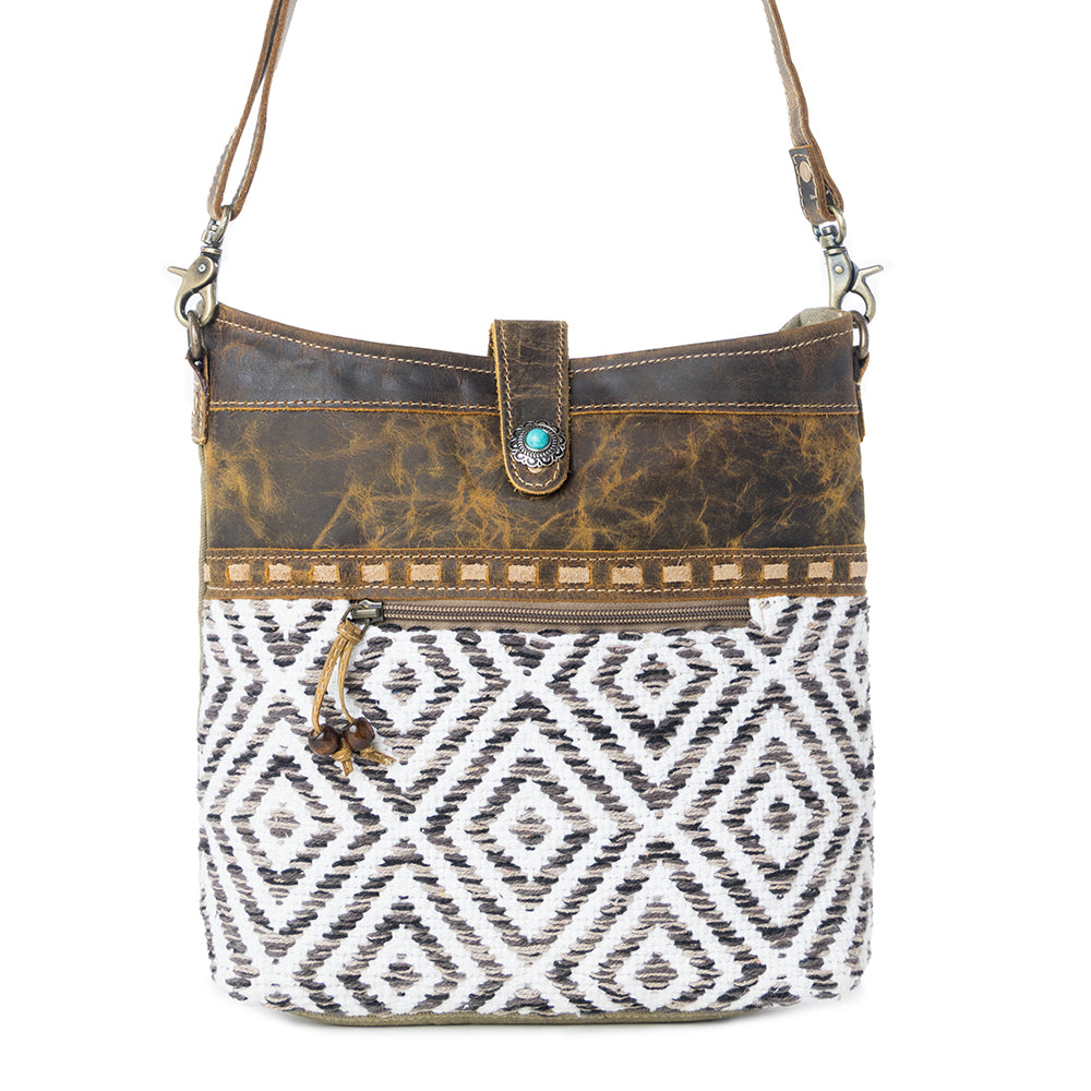 Myra Sand Weaver Shoulder Bag for Women â€“ Rustic Brown Leather, Jacquard Geometric Print, Turquoise Stone Snap for Ranch Chic
