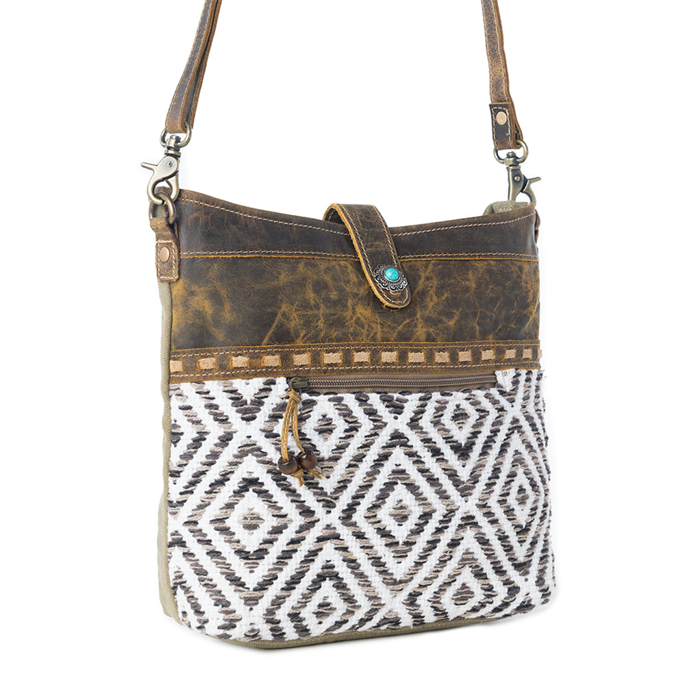 Myra Sand Weaver Shoulder Bag for Women â€“ Rustic Brown Leather, Jacquard Geometric Print, Turquoise Stone Snap for Ranch Chic