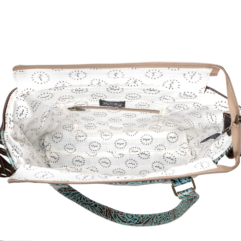 Turquoise Zapata Leather & Hairon Bag. - Myra USA
