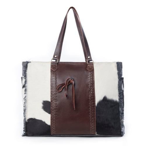 Myra Rosalinda Cross Stitched Hairon Leather Weekender Bag - Spacious Travel Tote with Stitch Trim and Durable Shoulder Straps - Myra USA