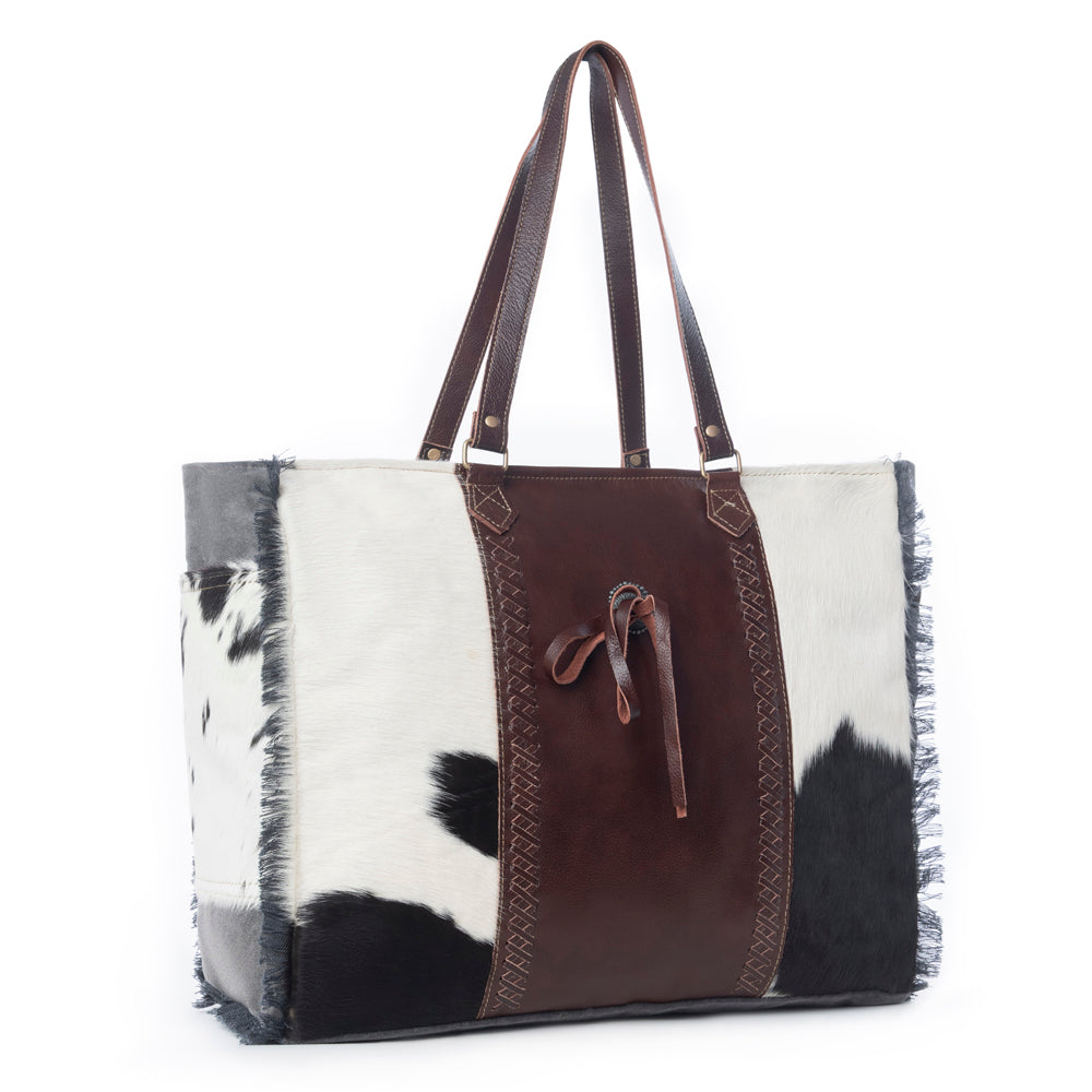 Myra Rosalinda Cross Stitched Hairon Leather Weekender Bag - Spacious Travel Tote with Stitch Trim and Durable Shoulder Straps - Myra USA