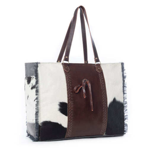 Myra Rosalinda Cross Stitched Hairon Leather Weekender Bag - Spacious Travel Tote with Stitch Trim and Durable Shoulder Straps - Myra USA