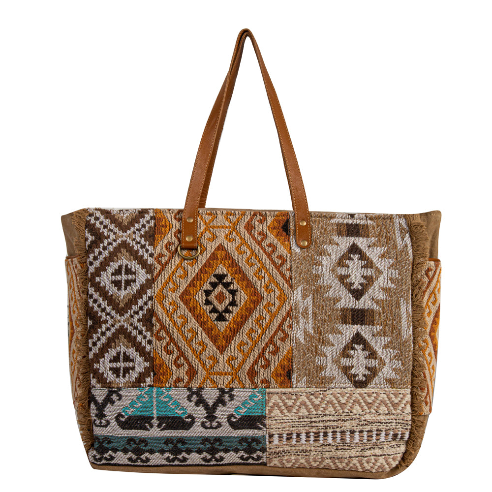 Myra Navajo Western good Cowhide Leather Tapestry Canvas Tote Weekender