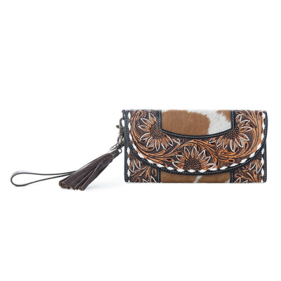 Myra Sandstone Trail Hairon Wristlet Wallet - Handtooled Leather with Western Floral Pattern and Tassel Strap for Easy Use