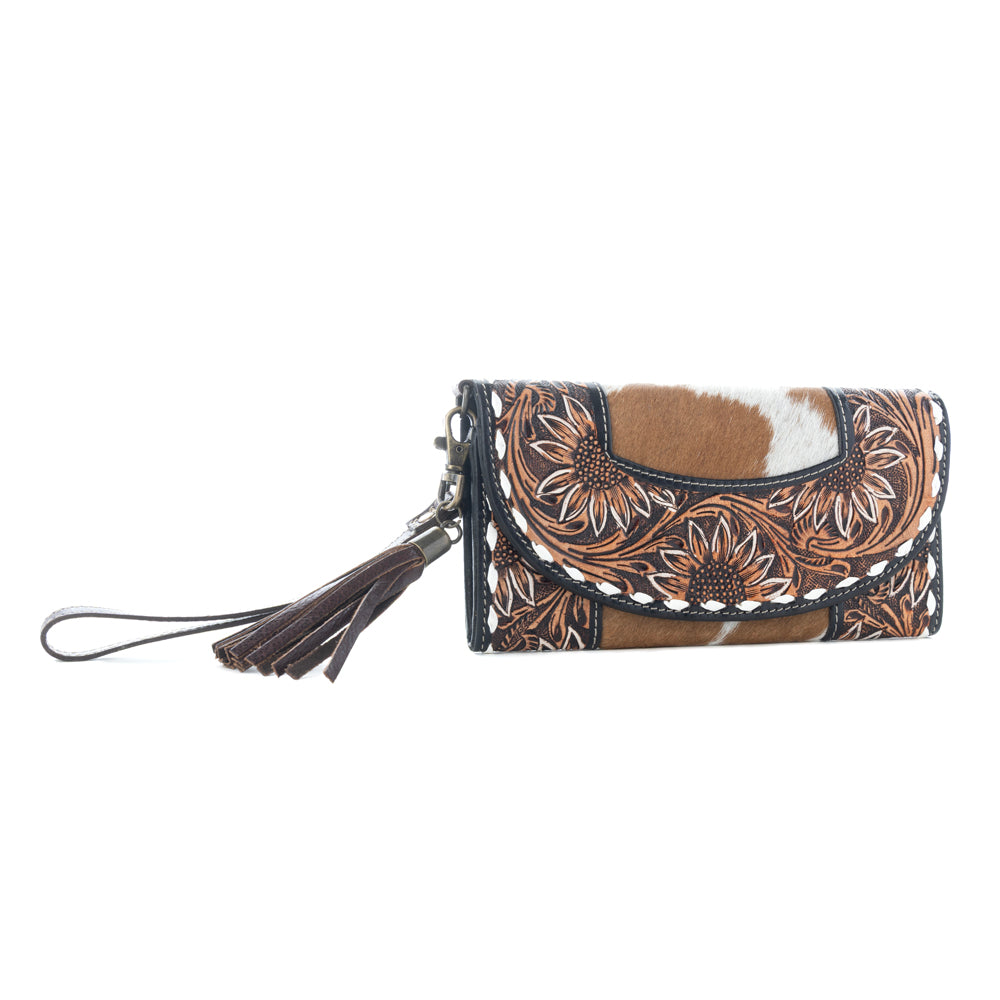Myra Sandstone Trail Hairon Wristlet Wallet - Handtooled Leather with Western Floral Pattern and Tassel Strap for Easy Use - Myra USA