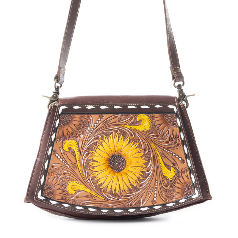 Showy Sunflower Trapezoid Hand-Tooled Bag