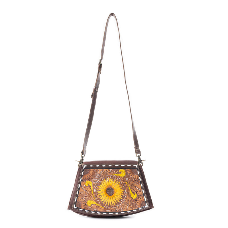 Showy Sunflower Trapezoid Hand-Tooled Bag