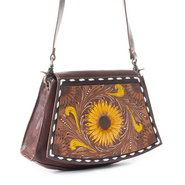 Showy Sunflower Trapezoid Hand-Tooled Bag