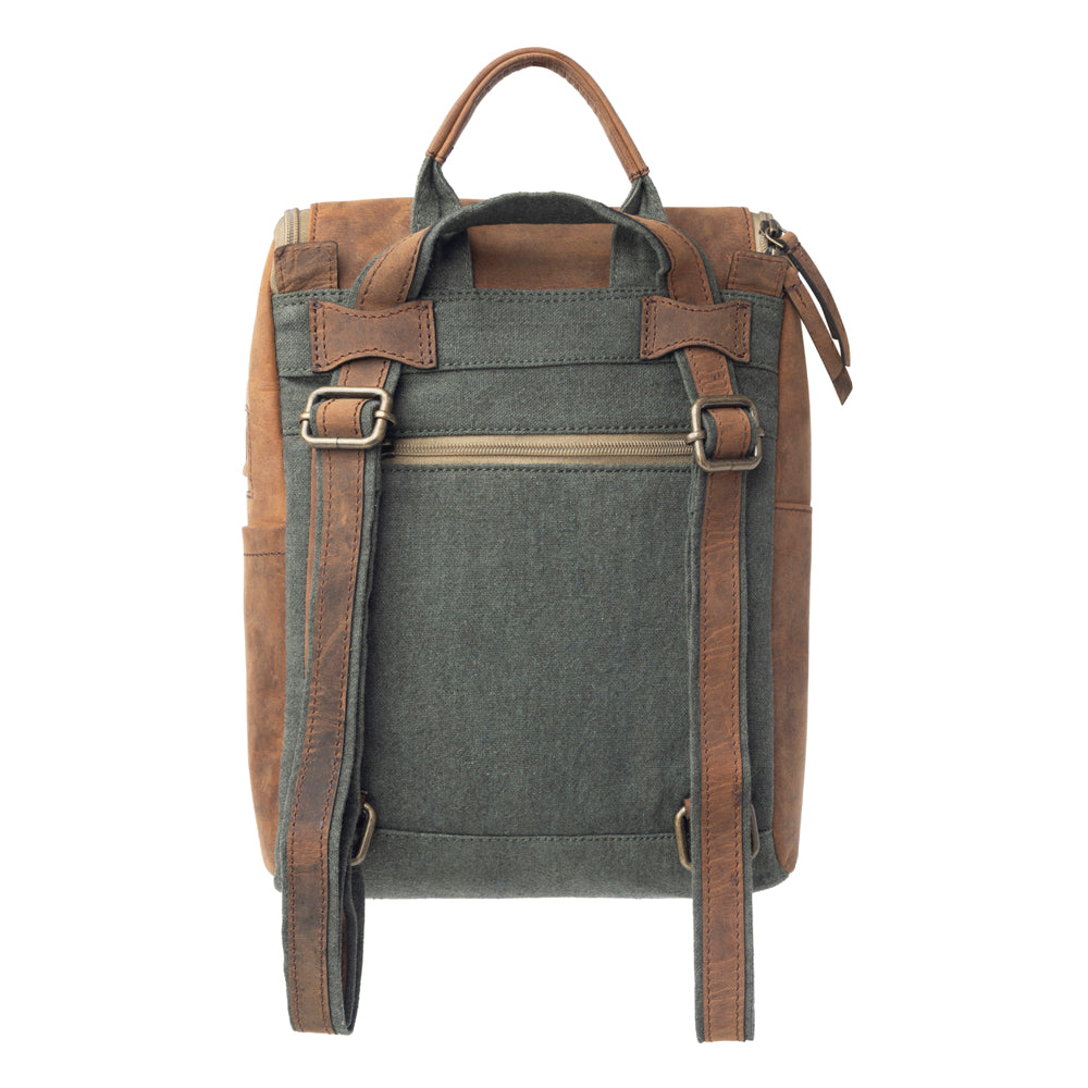 Myra Carriage Port Slimline Backpack - Aged Leather Flap, Rustic Daypack for Daily Commute & Outdoor Travel - Myra USA