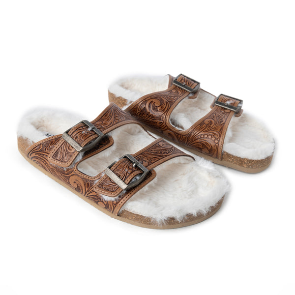 Trail Winder Hand-tooled Fur Comfort Leather Sandals - Myra USA