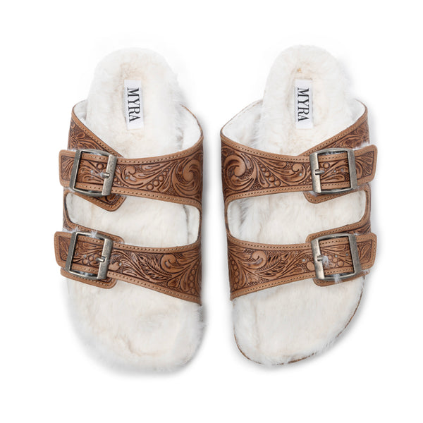 Trail Winder Hand-tooled Fur Comfort Leather Sandals - Myra USA