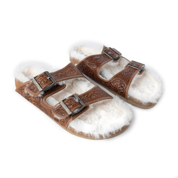 Prairie Winds Hand-tooled Fur Comfort Leather Sandals - Myra USA