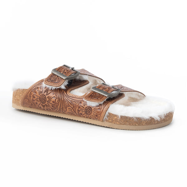 Prairie Winds Hand-tooled Fur Comfort Leather Sandals - Myra USA