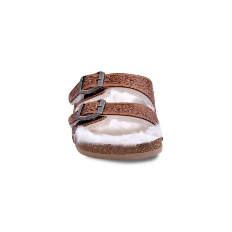 Prairie Winds Hand-tooled Fur Comfort Leather Sandals