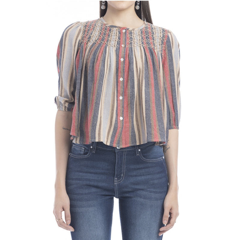 Heather Striped Button Front Top