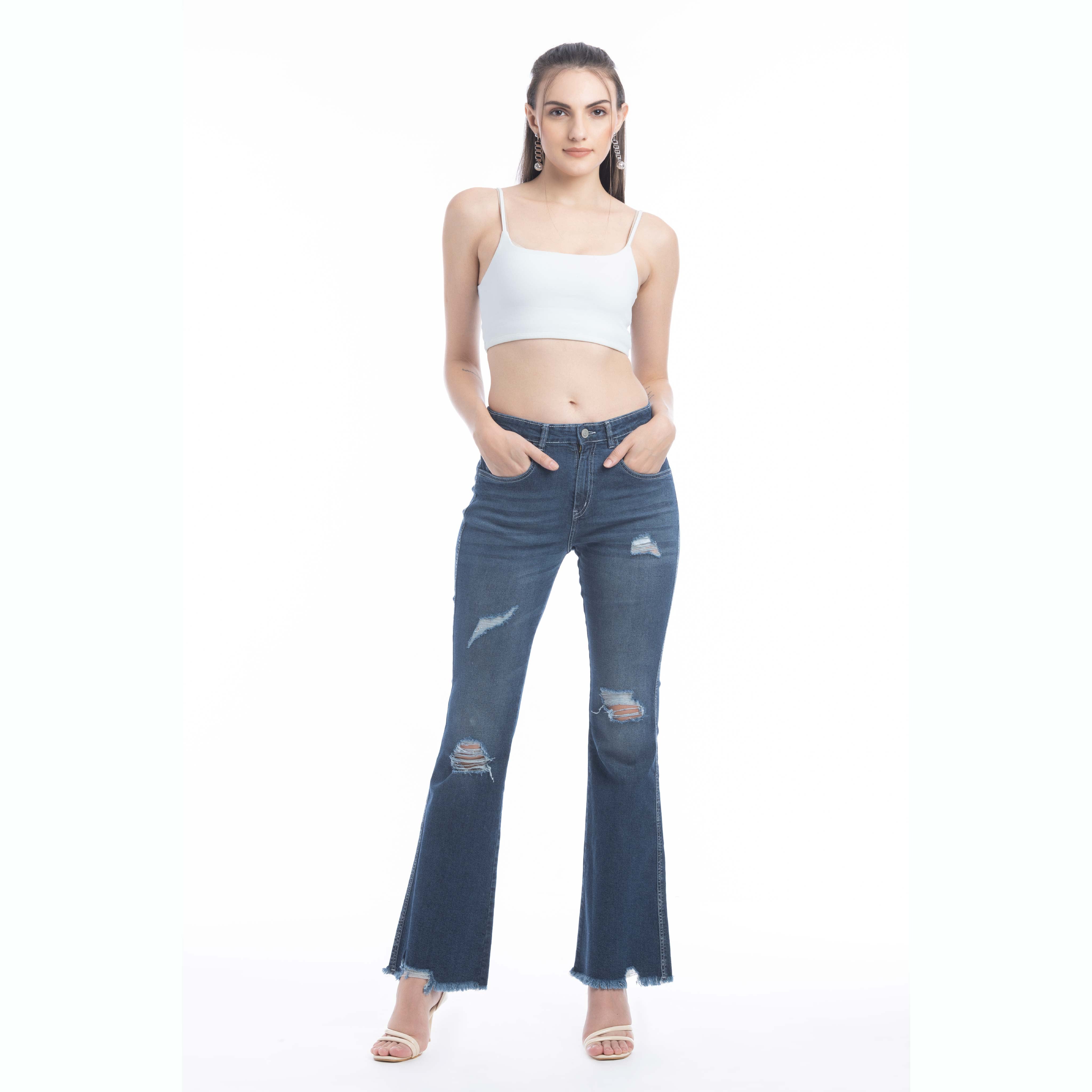 Micah Distressed Frayed Hem Flared Jeans - Myra USA