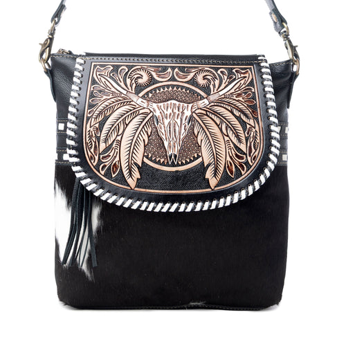 Myra Spirit of the Herd Hairon Leather Bag for Women Western Cowhide Purse with Intricate Tooling - Myra USA