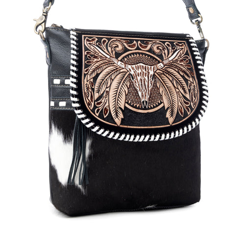 Myra Spirit of the Herd Hairon Leather Bag for Women Western Cowhide Purse with Intricate Tooling - Myra USA