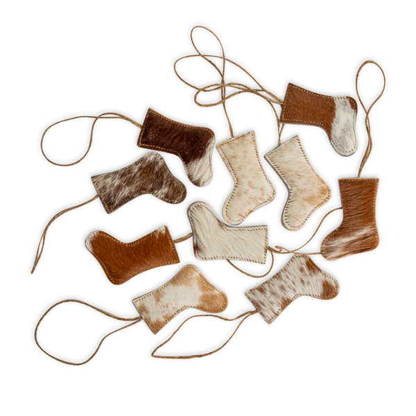 Christmas Stocking Hair-On Hide Ornament Set In Brown