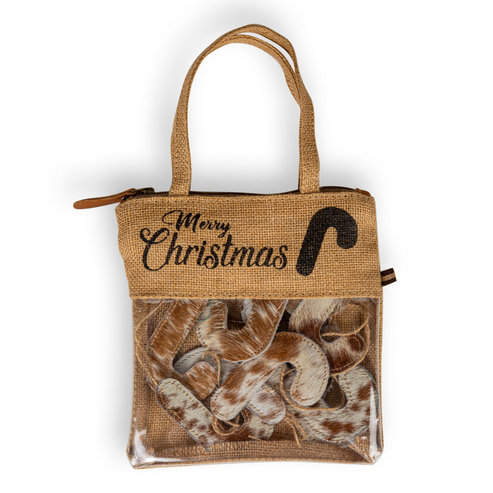 Jolly Candy Cane Hair-On Hide Ornament Set In Brown - Myra USA