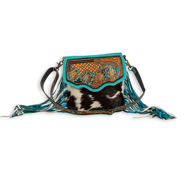 Leather Leash- Turquoise Center- Hand Painted & Tooled