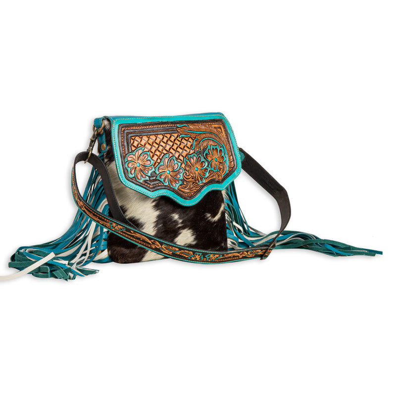 Turquoise Leather Bag With Fringe Detail - Small & Round