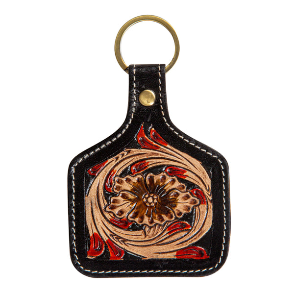 Tooled Leather Sunflower Ear Tag Painted Keychain Country 