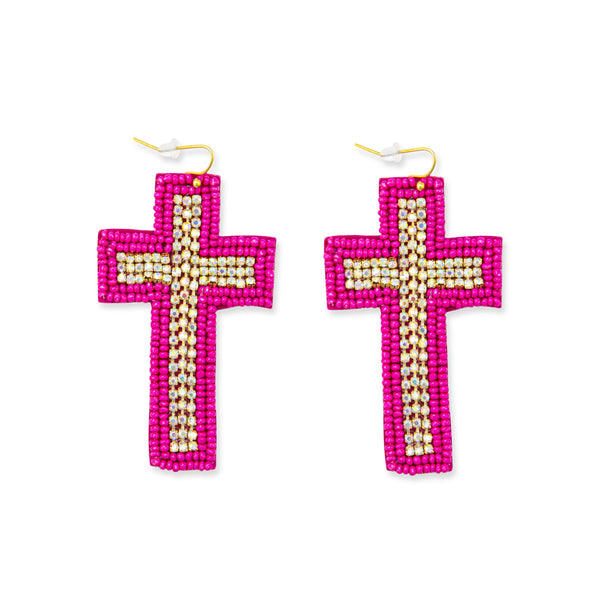 Beaded Cross Dangle Earrings in Magenta