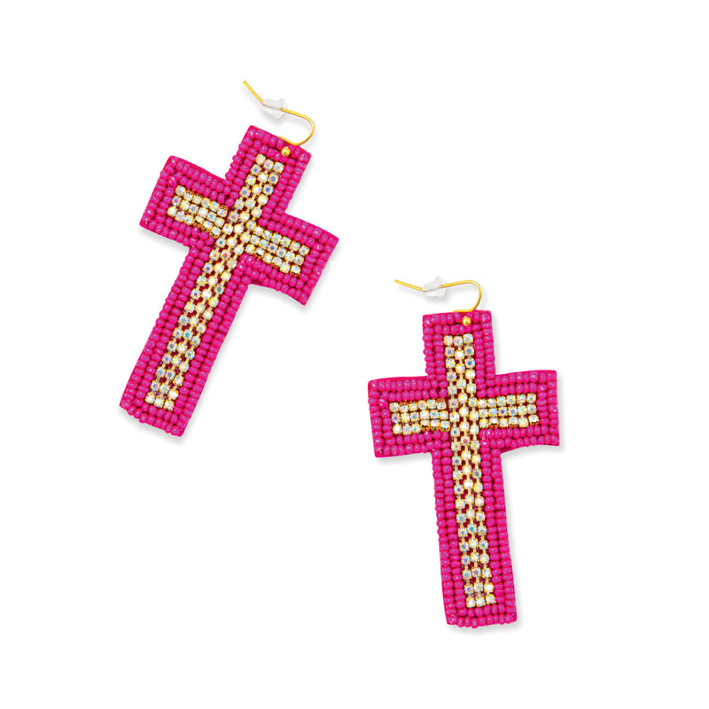 Beaded Cross Dangle Earrings in Magenta