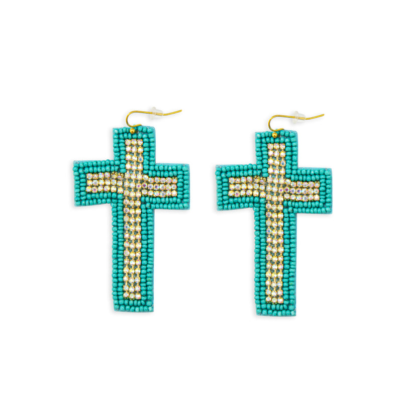 Beaded Cross Dangle Earrings in Teal