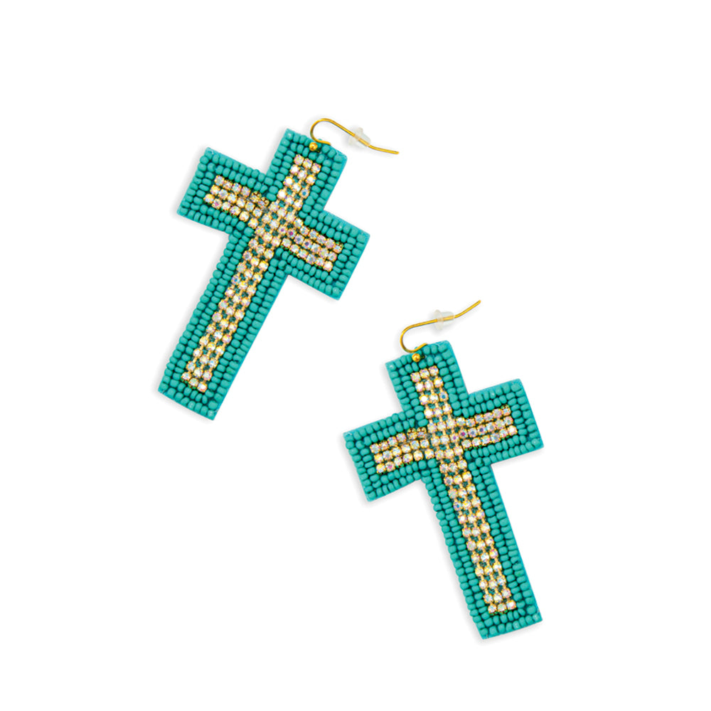 Beaded Cross Dangle Earrings in Teal - Myra USA