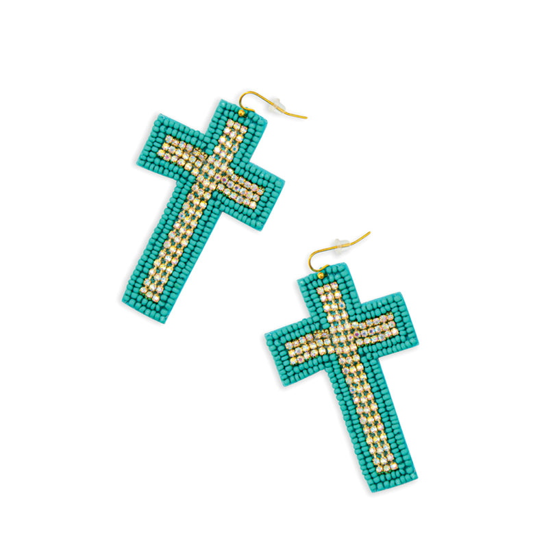 Beaded Cross Dangle Earrings in Teal