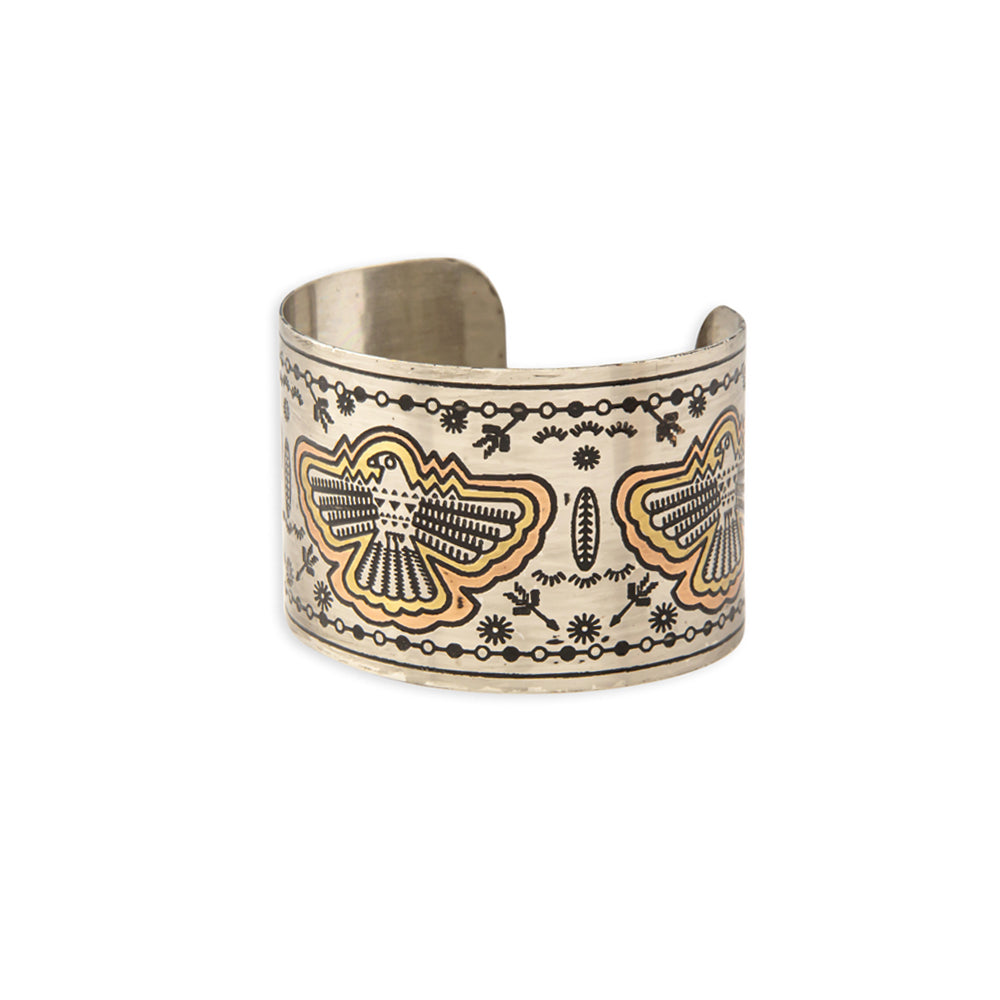 Thunder Hawk Etched Metal Cuff Bracelet - Myra USA