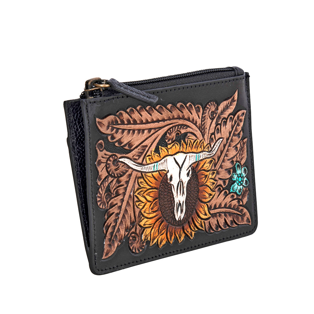 Longhorn Flower Mini Hand-tooled Card Holder - Myra USA