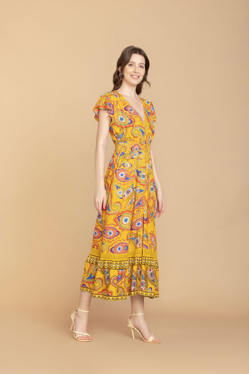 Sunrise Golden Paisley Drop Waist Dress