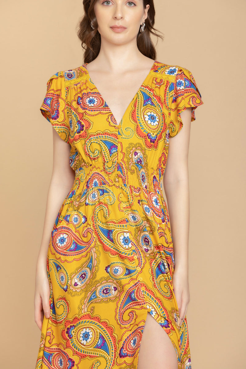 Sunrise Golden Paisley Drop Waist Dress