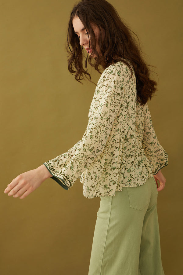 Floral Petals V-Neck Tassled Blouse