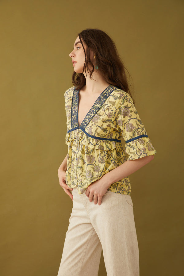 Cassandra V-Neck Babydoll Embroidered Top - Myra USA