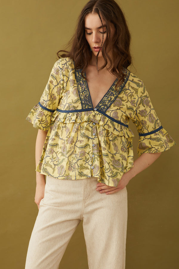 Cassandra V-Neck Babydoll Embroidered Top - Myra USA