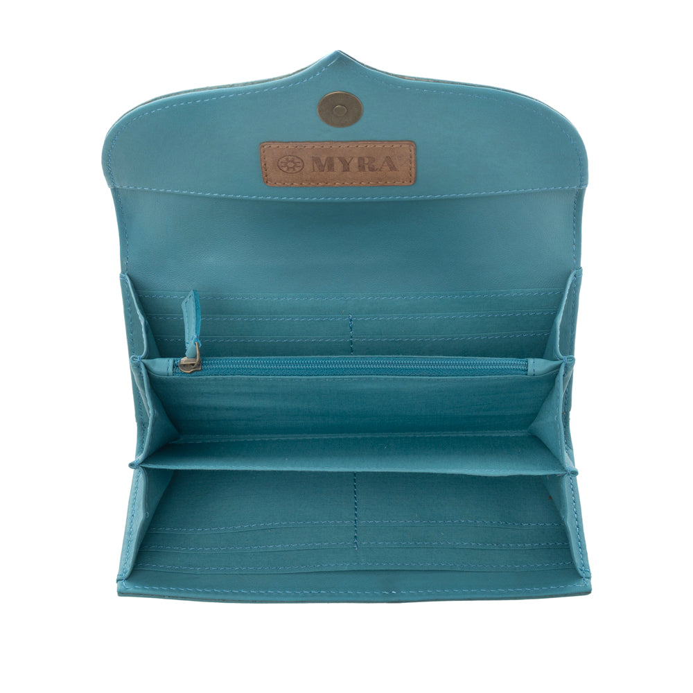 Myra Flower Crest Ridge Wallet with tooled leather and turquoise detail for everyday use - Myra USA