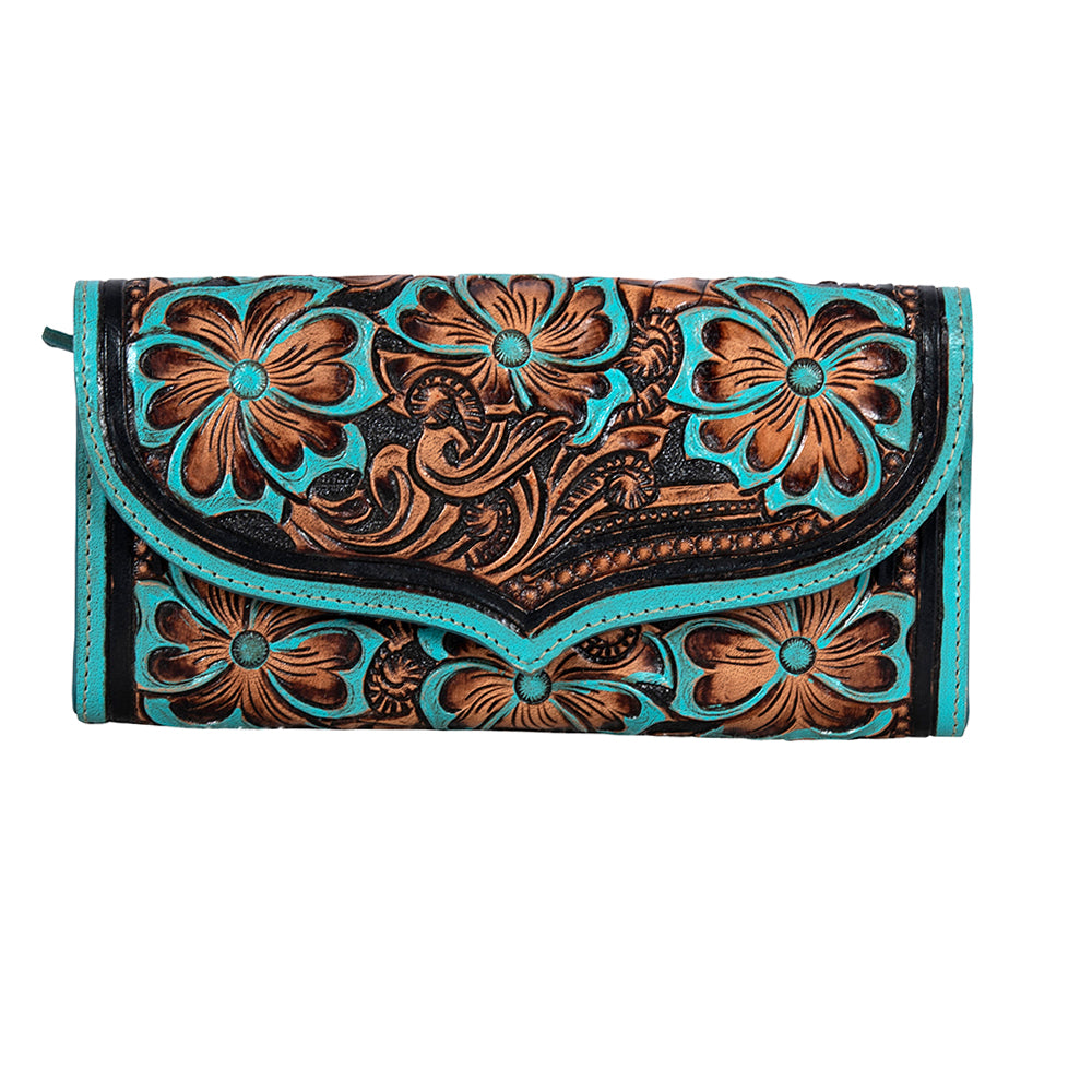 Myra Flower Crest Tooled Leather Wallet Floral Embossed with