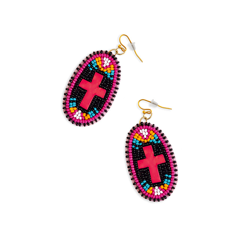 Purple Cross Beaded Earrings