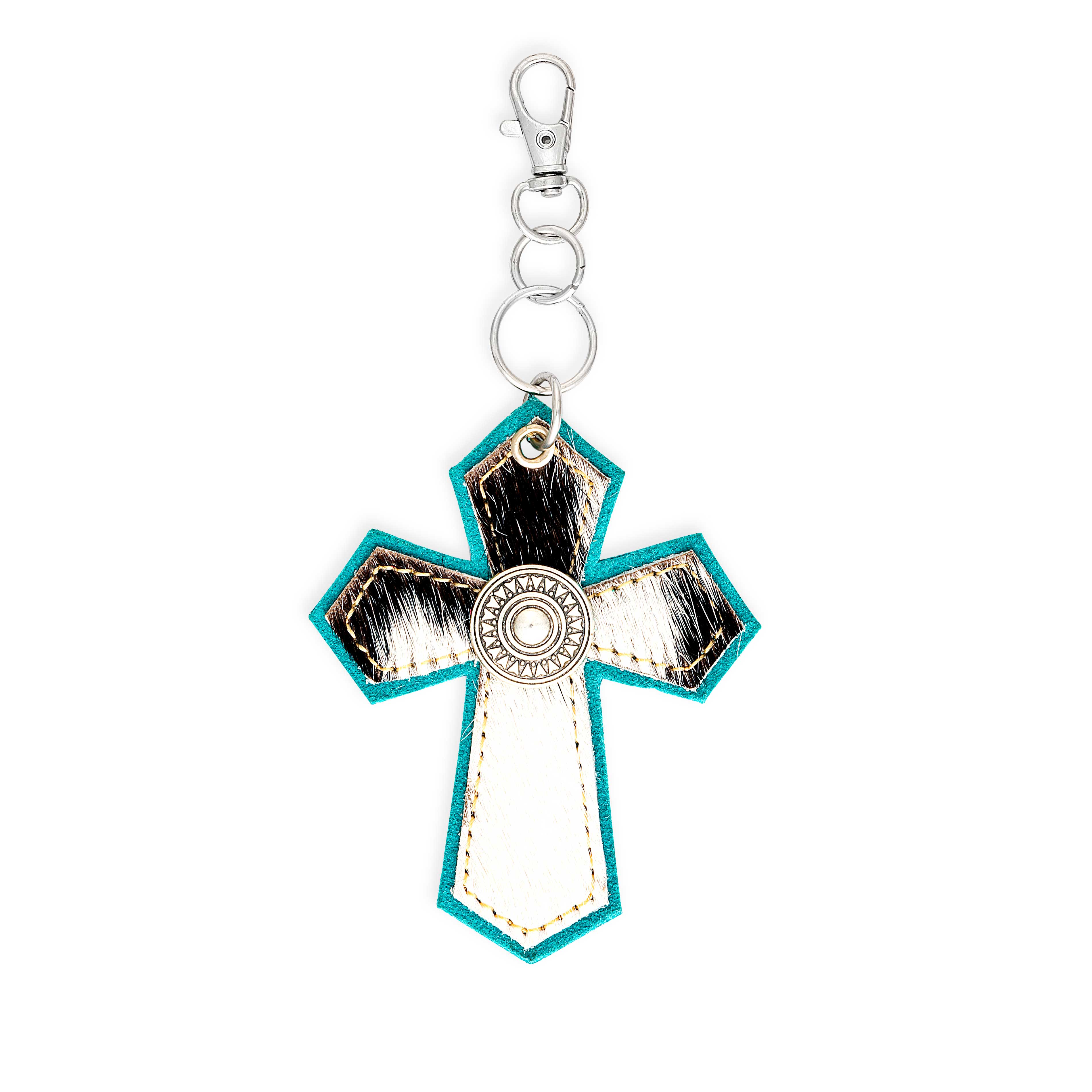 Hair-On Medallion Cross Hide Key Fob In Turquoise - Myra USA