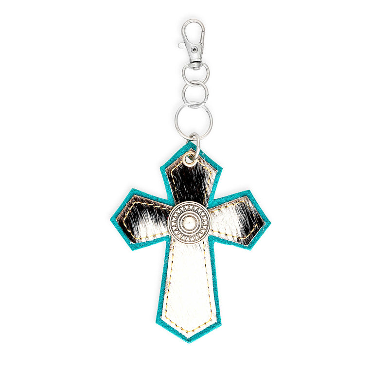 Hair-On Medallion Cross Hide Key Fob In Turquoise