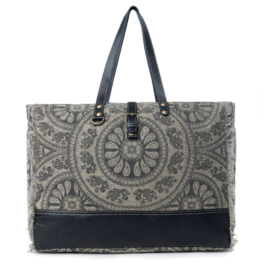 Myra Carmela Printed Canvas Weekender Bag â€“ Leather Handles with Buckle Strap, Spacious Travel Tote for Western Getaways - Myra USA