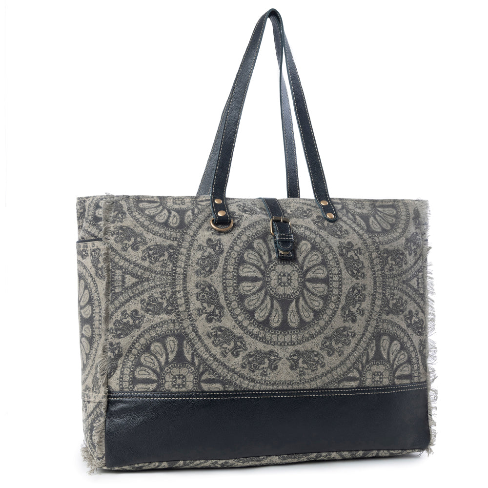 Myra Carmela Printed Canvas Weekender Bag â€“ Leather Handles with Buckle Strap, Spacious Travel Tote for Western Getaways - Myra USA