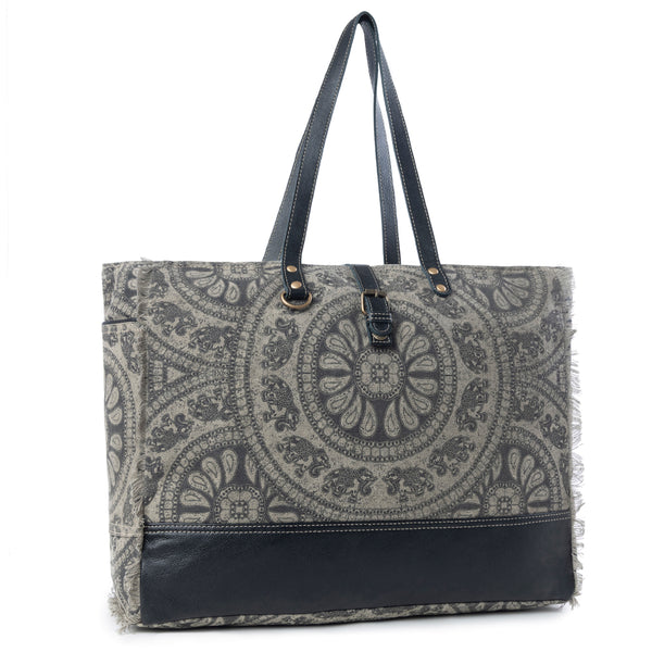Myra Carmela Printed Canvas Weekender Bag â€“ Leather Handles with Buckle Strap, Spacious Travel Tote for Western Getaways - Myra USA