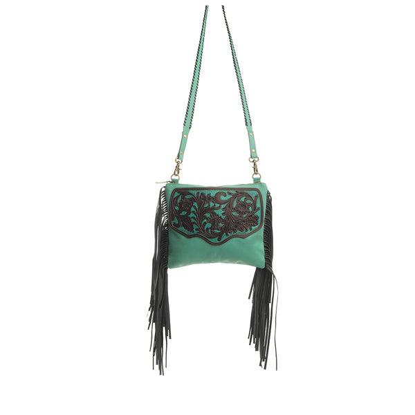 Millstone Fringed Hand-Tooled Bag in Teal